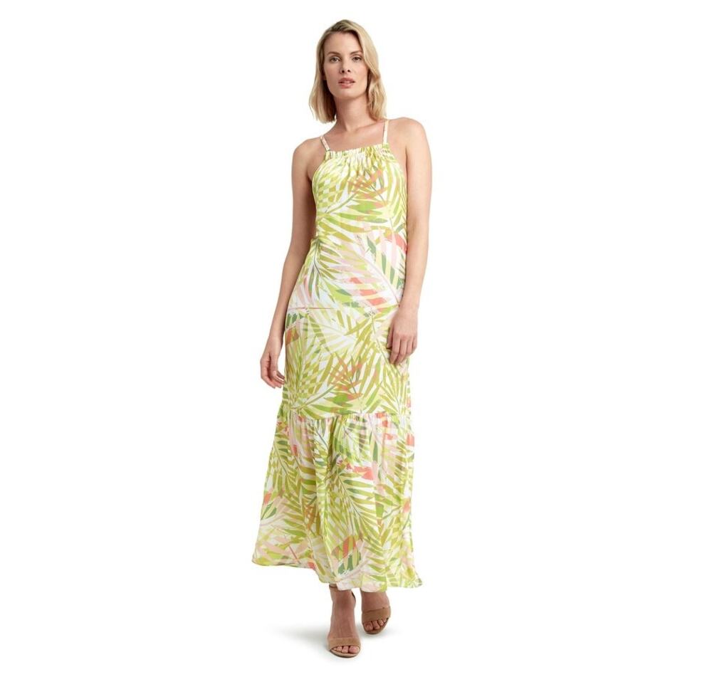 H Halston Tropical Palm Lime Punch Spagetti Strap Maxi Dress Size XS NWT